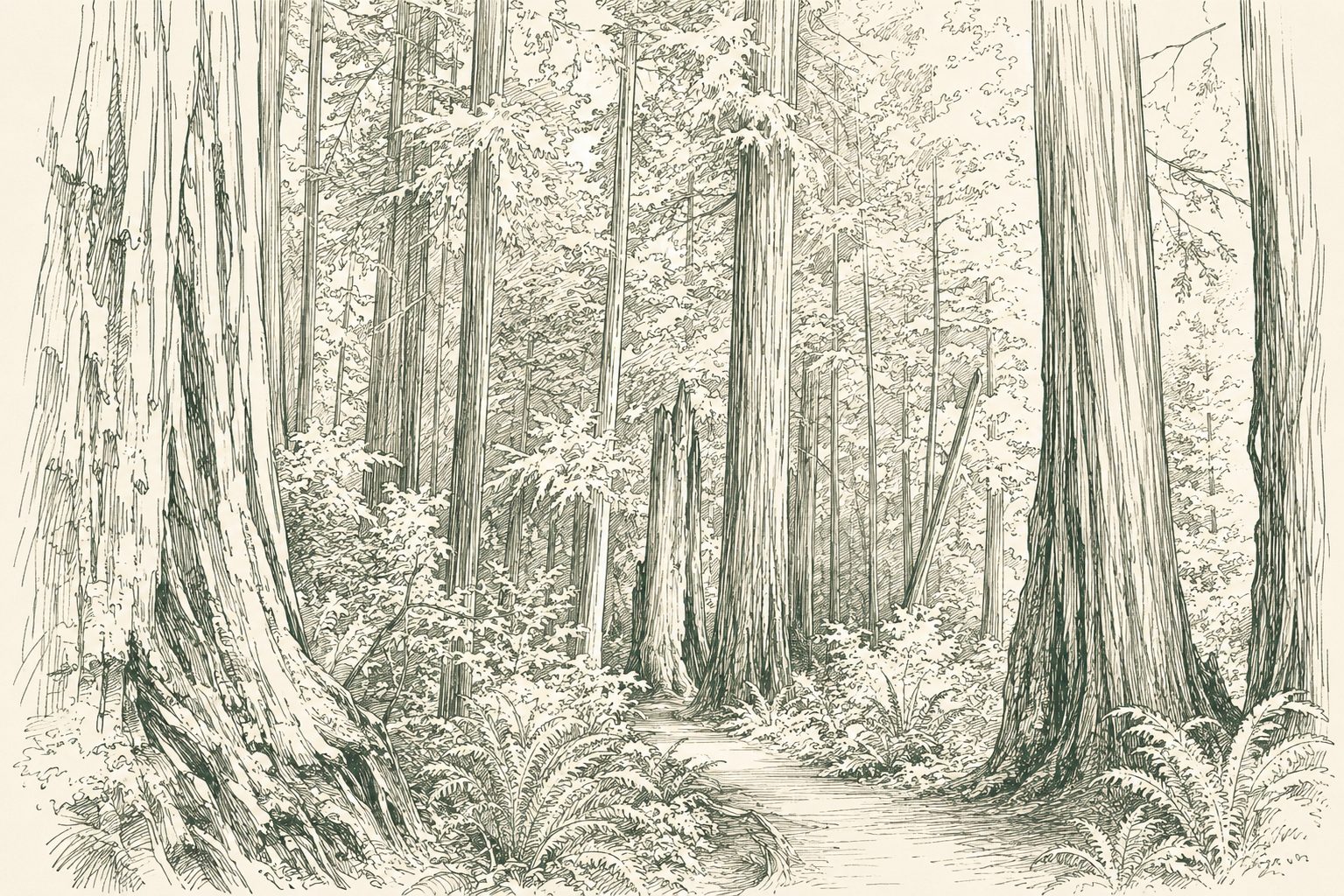 Pen and ink illustration of a winding path through tall coastal redwoods with ferns along the trail